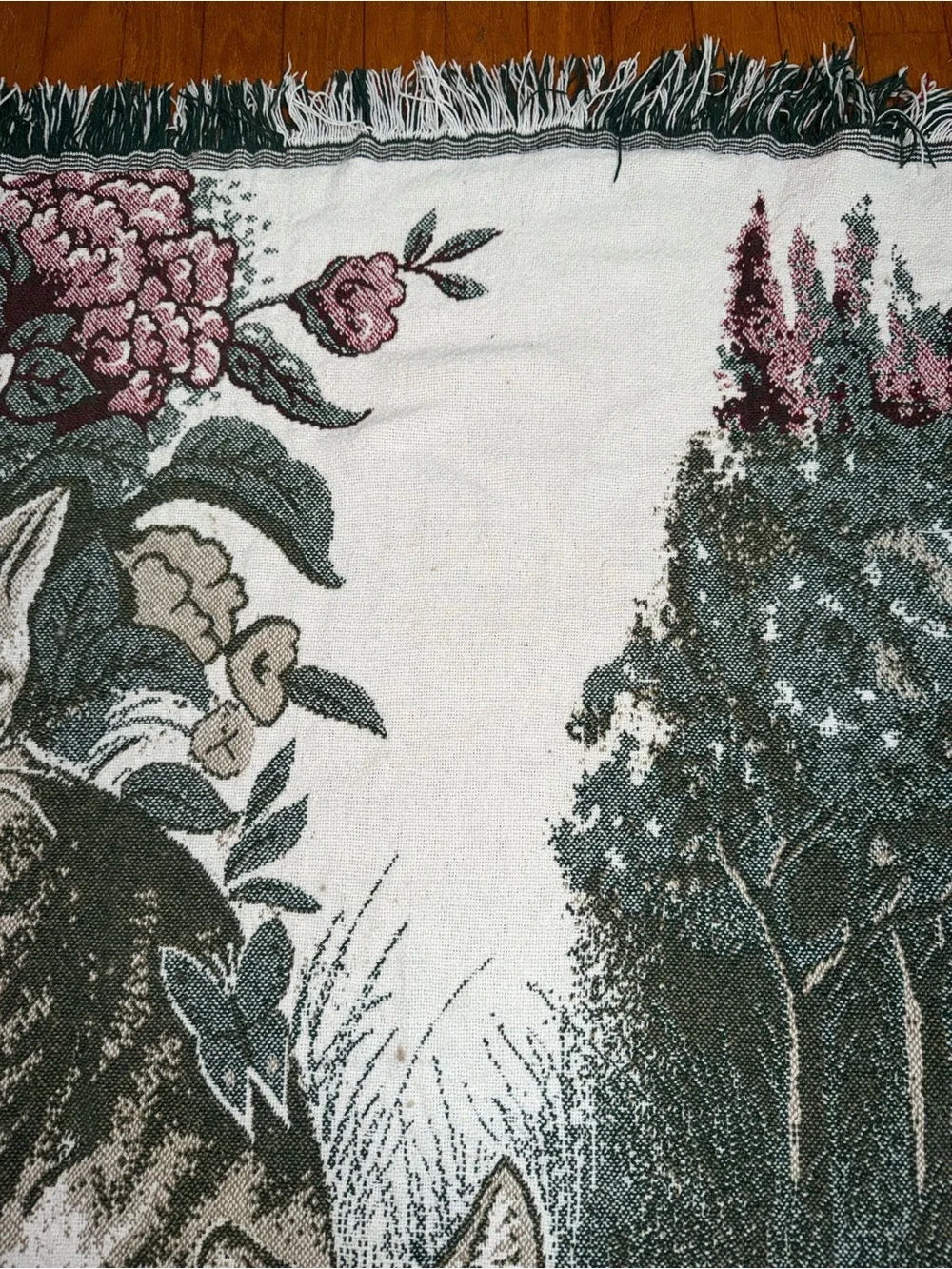 Vintage Woven Tapestry Throw Blanket Cats Garden Floral Fringe 40” X 51”